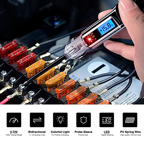 JASTIND Heavy Duty 3-72V Backlit Digital LCD Circuit Tester, Automotive Test Light with 140 Inch Extended Wire and 2 Polarity Indicate LED Lights, Car Truck Low DC Voltage & Light Tester with Stainless Probe - Image 2