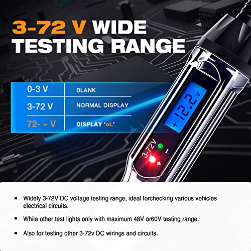 JASTIND Heavy Duty 3-72V Backlit Digital LCD Circuit Tester, Automotive Test Light with 140 Inch Extended Wire and 2 Polarity Indicate LED Lights, Car Truck Low DC Voltage & Light Tester with Stainless Probe - Image 3