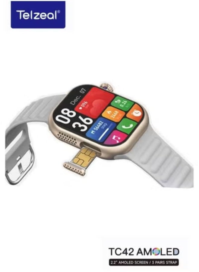 Telzeal TC42 4G LTE Smartwatch with 2.2-Inch AMOLED Full Touch Display, 8MP Front Camera, SIM Card Slot, GPS Navigation, Heart Rate & Fitness Tracker – Premium Gold Smartwatch for Men & Women – Includes 3 Stylish Strap Sets & USB Charging Cable – Supports Calling, Messaging & Health Monitoring - Image 1