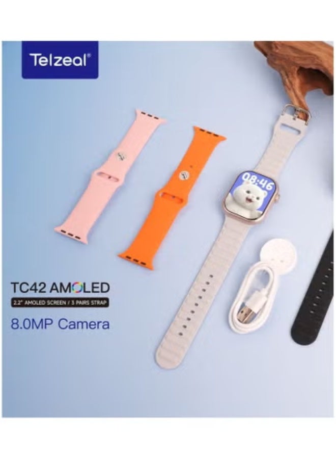 Telzeal TC42 4G LTE Smartwatch with 2.2-Inch AMOLED Full Touch Display, 8MP Front Camera, SIM Card Slot, GPS Navigation, Heart Rate & Fitness Tracker – Premium Gold Smartwatch for Men & Women – Includes 3 Stylish Strap Sets & USB Charging Cable – Supports Calling, Messaging & Health Monitoring - Image 2
