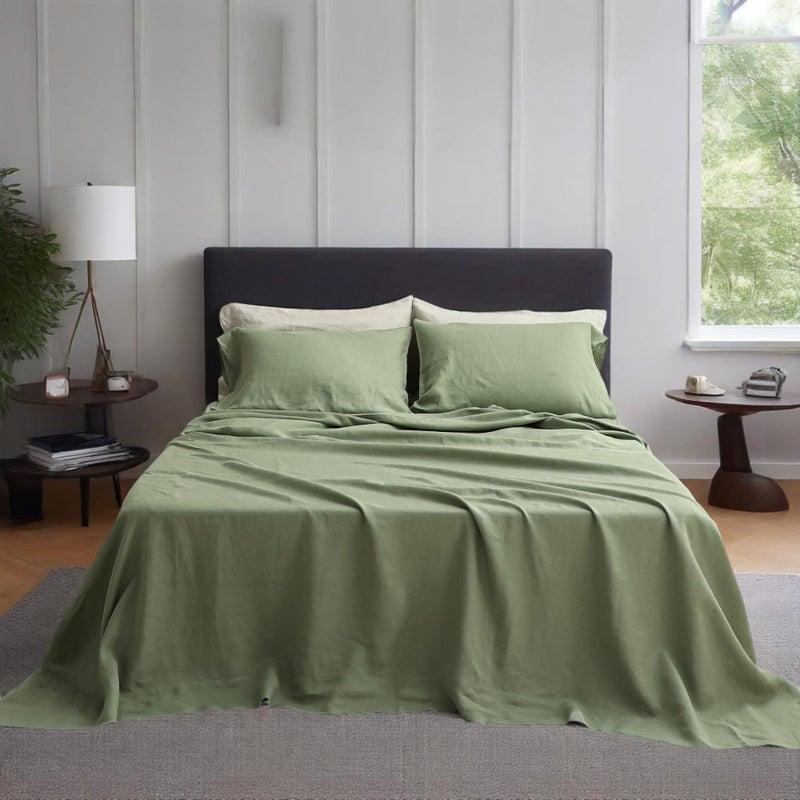Simple&Opulence مجموعة ملاءات بسيطة وفاخرة من الكتان 100% بحجم كوين، 4 قطع من ملاءات السرير الفرنسية الطبيعية، مجموعة أغطية سرير ناعمة وقابلة للتنفس ومتينة لجميع الفصول (أخضر مريمي، كوين) - Image 1