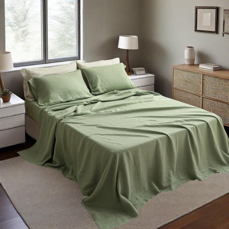 Simple&Opulence مجموعة ملاءات بسيطة وفاخرة من الكتان 100% بحجم كوين، 4 قطع من ملاءات السرير الفرنسية الطبيعية، مجموعة أغطية سرير ناعمة وقابلة للتنفس ومتينة لجميع الفصول (أخضر مريمي، كوين) - Image 2