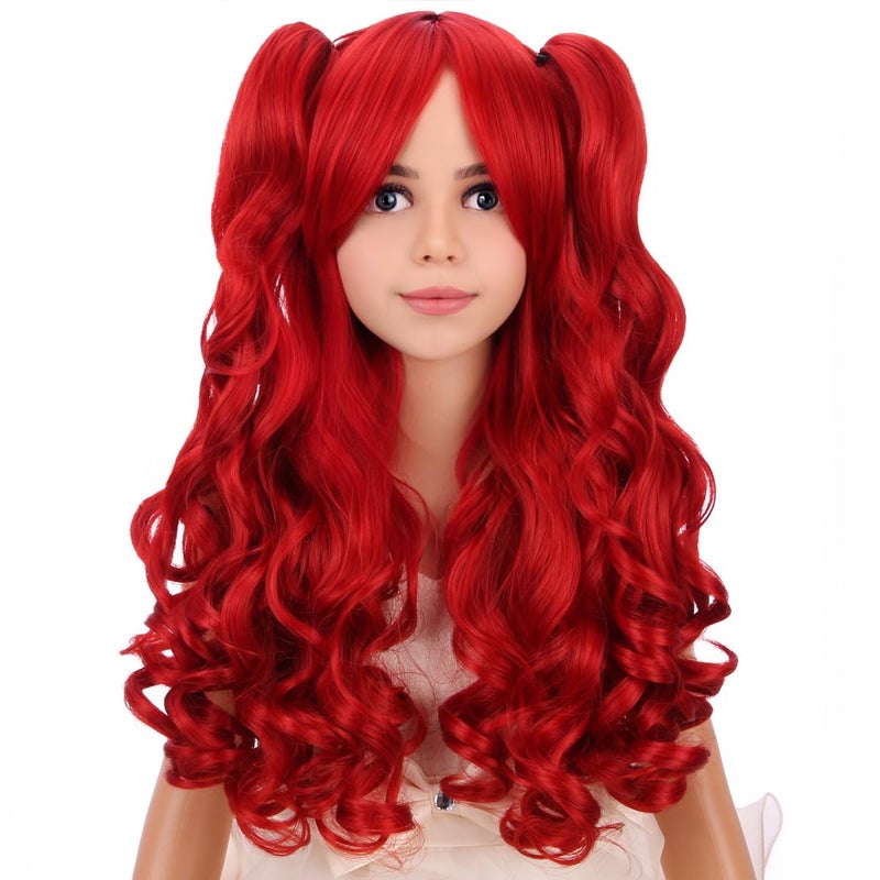 PATTNIUM Kids Long Curly Red Wig Girls Red Long Wigs with 2 Ponytails Red Wigs with Bangs Synthetic Wig with Wig Cap