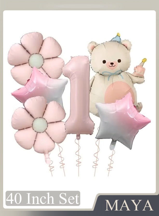 1st Birthday Party Decoration Supplies 40 Inch Matte Pink Digital Bear Daisy Flower Aluminum Film Balloon Set - Image 1