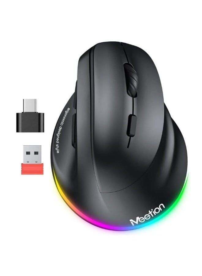 ميشين فأرة MEETION BTM010R اليمنى المريحة، فأرة رأسية لاسلكية مع إضاءة خلفية RGB وقابلة لإعادة الشحن، تدعم البلوتوث (5.2 + 3.0) و USB-A مع محول USB-C، ودقة DPI قابلة للتعديل 4 مستويات لأجهزة Mac/Windows/Android/PC/Tablet/iPad - Image 1