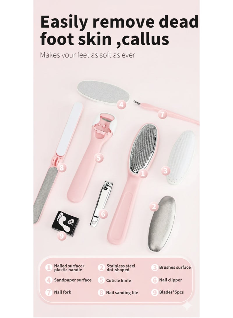9 Piece Professional Manicure & Pedicure Kit for Women , Easy to Use Callus Remover, Foot File & Nail Care Set for Home & Salon, Stainless Steel & ABS Tools for Smooth, Soft Feet and Perfect Nails - Pink - Image 4