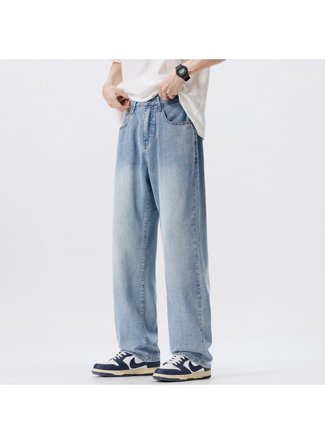 Men's American Washed Distressed Lyocell Jeans Men's Summer Tencel Thin Loose Straight-leg Pants