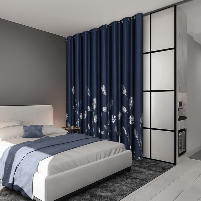 Estelar Textiler Navy Blue Blackout Curtain Extra Wide for Sliding Door 120W x 108L Inch Curtain with Silver Palm Tree Printed Light Blocking curtain for Patio Door  10ft Wide x9ft Long  1 Panel - Image 2