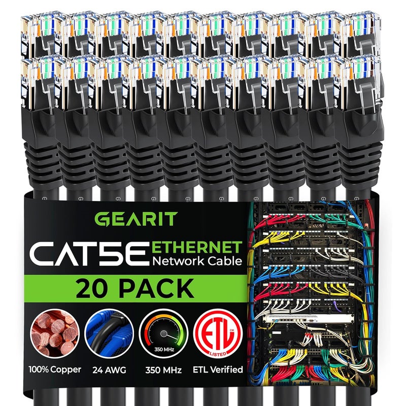 GearIT 20-Pack, Cat5e Ethernet Patch Cable 1.5 Feet - Snagless RJ45 Computer LAN Network Cord, Black - Image 1