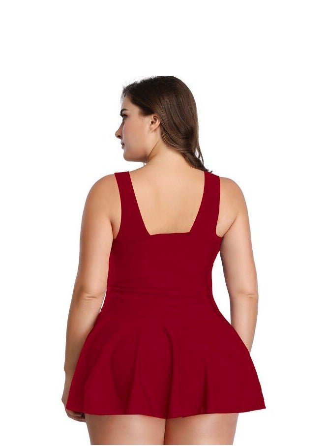 Womens 2 Peice Set Swimsuits Tummy Control V-Neck Wide Straps Swim Dress And Boxer Brief Swimwear Bathing Suits Wine Red  - Image 3