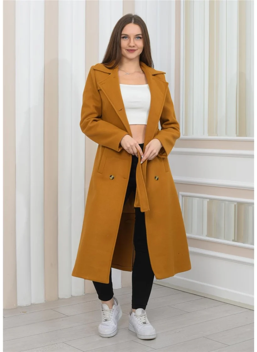 Nuseel New Season Double Breasted Lining Detailed Midi Length Slit Cashmere Coat Tan