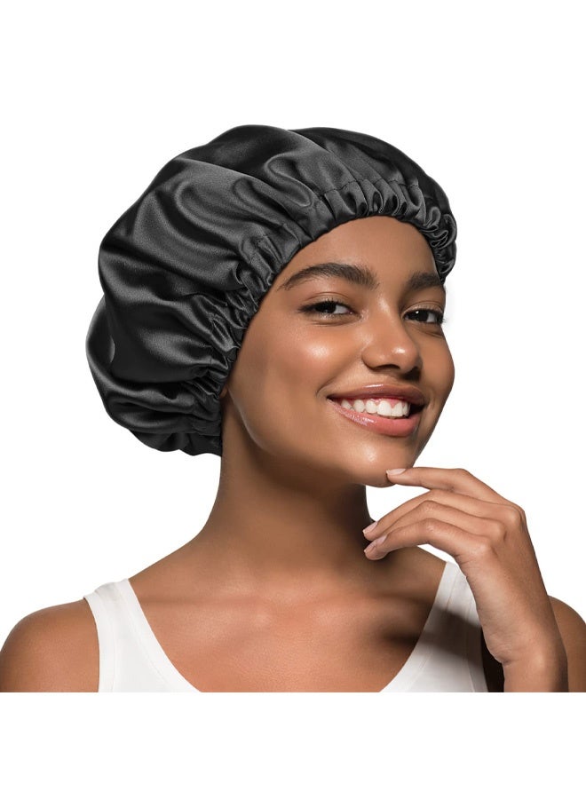 قبعة نوم ساتان قابلة للتعديل على الوجهين للبنات باللون الأسود - Image 3
