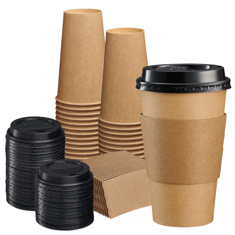 GUSTO 50 Sets 16 oz Disposable Kraft Coffee Cups with Black Lids Sleeves  To Go Paper Hot Cups Formerly Comfy Package