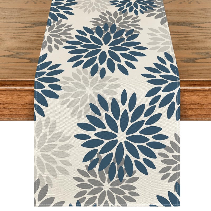 INTEX HOME Velvet Floral Table Runner, Soft Linen Fabric, Machine Washable, Rectangular Design, 1 Piece, 45 x 135 cm, Blue x Grey, Dining Table Decoration for Home, Events and Special Occasions - Image 1