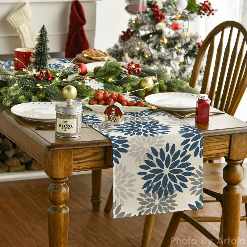 INTEX HOME Velvet Floral Table Runner, Soft Linen Fabric, Machine Washable, Rectangular Design, 1 Piece, 45 x 135 cm, Blue x Grey, Dining Table Decoration for Home, Events and Special Occasions - Image 2
