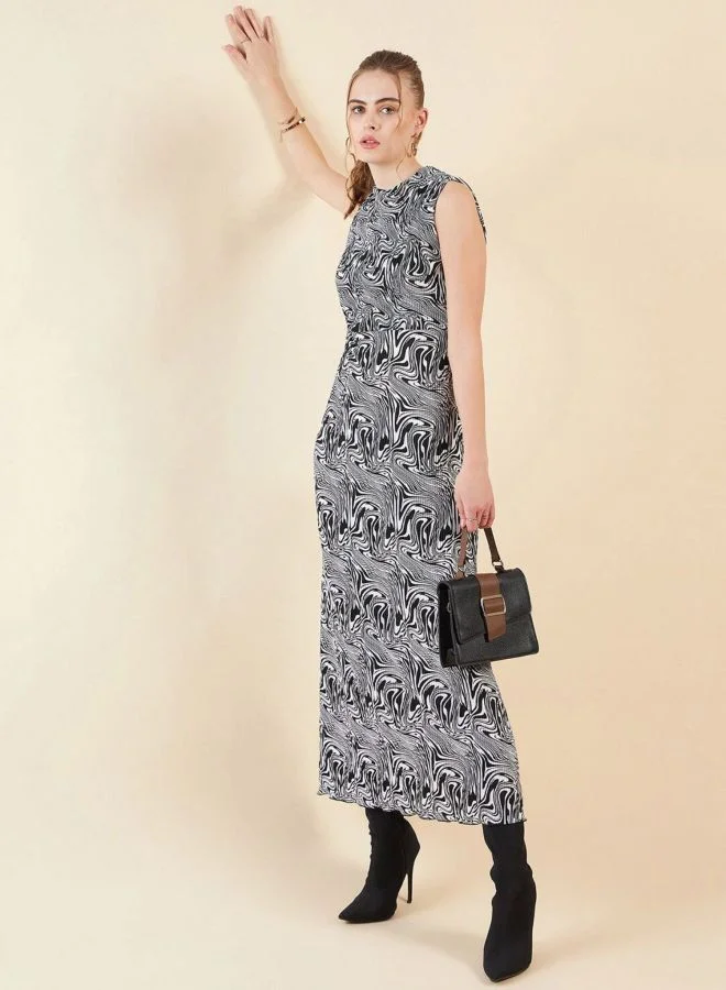 Women Regular Fit Marble Printed Round Neck Sleeveless Maxi Dress