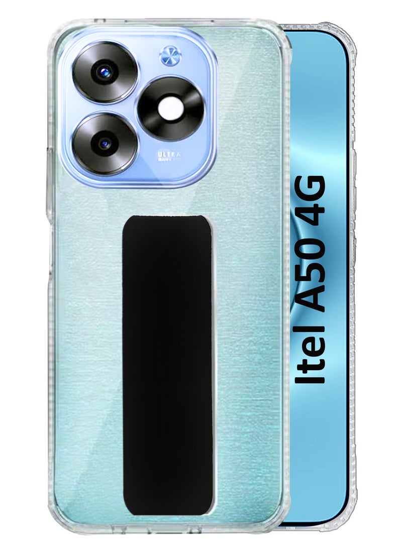 جراب شفاف مقاوم للصدمات من السيليكون مع حامل قبضة اليد وحامل لهاتف Itel A50 4G - شفاف/أسود - Image 1