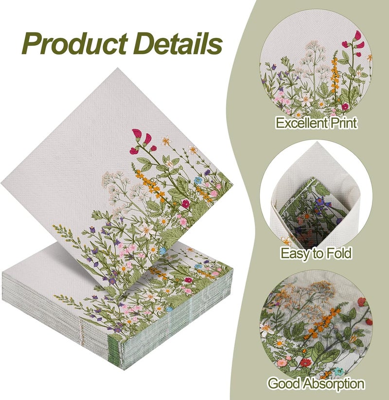 Aodaer 48 Pieces Disposable Fall Paper Napkins, Decoupage Napkins, 13" x 13" Unfolded Garden Party Napkin, Cocktail Dinner Napkin Set for Wedding Birthday Tea Party Supplies - Image 3
