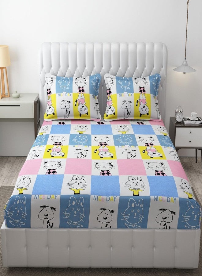 Blenzza Deco™ 180TC Glace Cotton Kids Room 1 Double Flat Printed Bed Sheet with 2 Pillow Cover (90 * 100Inch) (Happy Cat) - Image 1