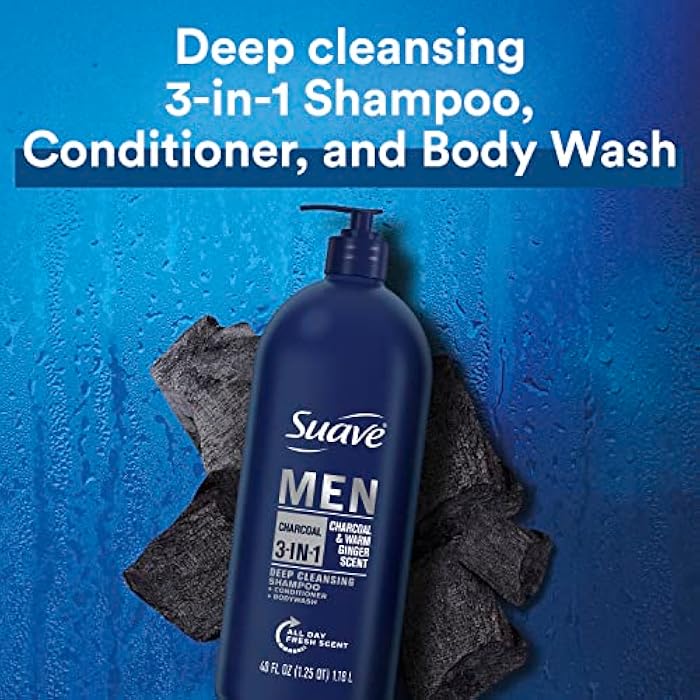 Suave Men 3 in 1 Shampoo Conditioner Bodywash Men's Body Wash, Shampoo, Conditioner Charcoal Warm, Stimulating Scent 40 oz - Image 3