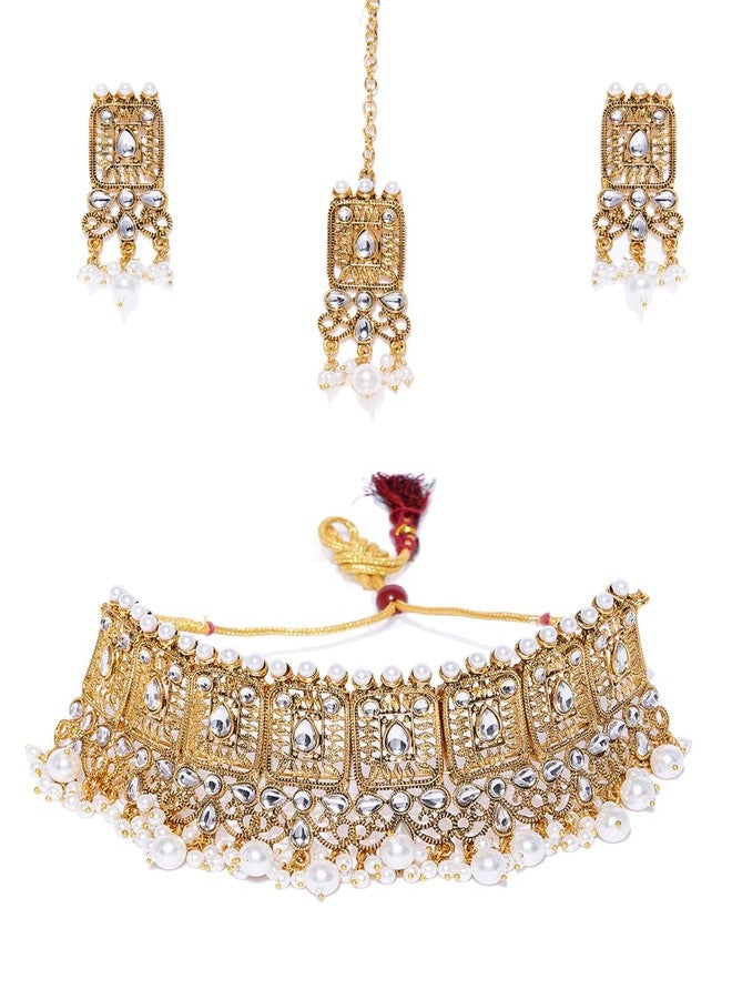 Zaveri Pearls طقم عقد تشوكر من اللؤلؤ والكوندان بلون ذهبي عتيق من زافيري بيرلز للنساء - ZPFK8965 - Image 1