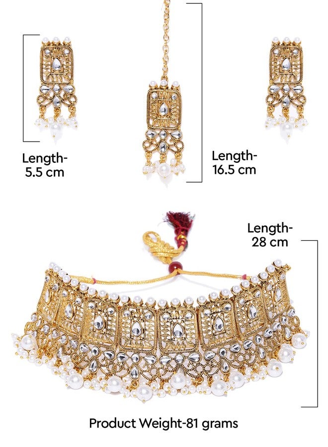 Zaveri Pearls طقم عقد تشوكر من اللؤلؤ والكوندان بلون ذهبي عتيق من زافيري بيرلز للنساء - ZPFK8965 - Image 4