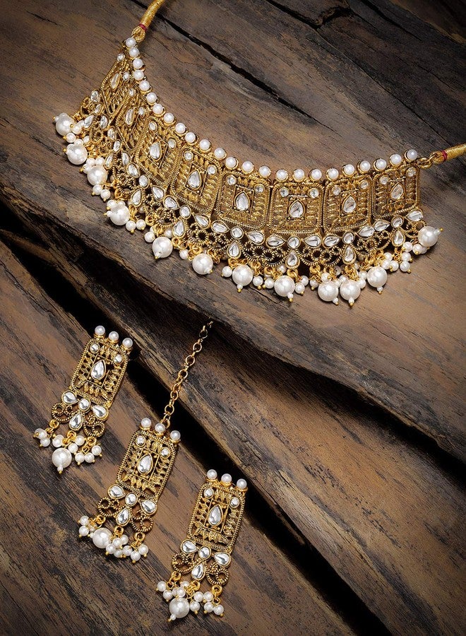 Zaveri Pearls طقم عقد تشوكر من اللؤلؤ والكوندان بلون ذهبي عتيق من زافيري بيرلز للنساء - ZPFK8965 - Image 3