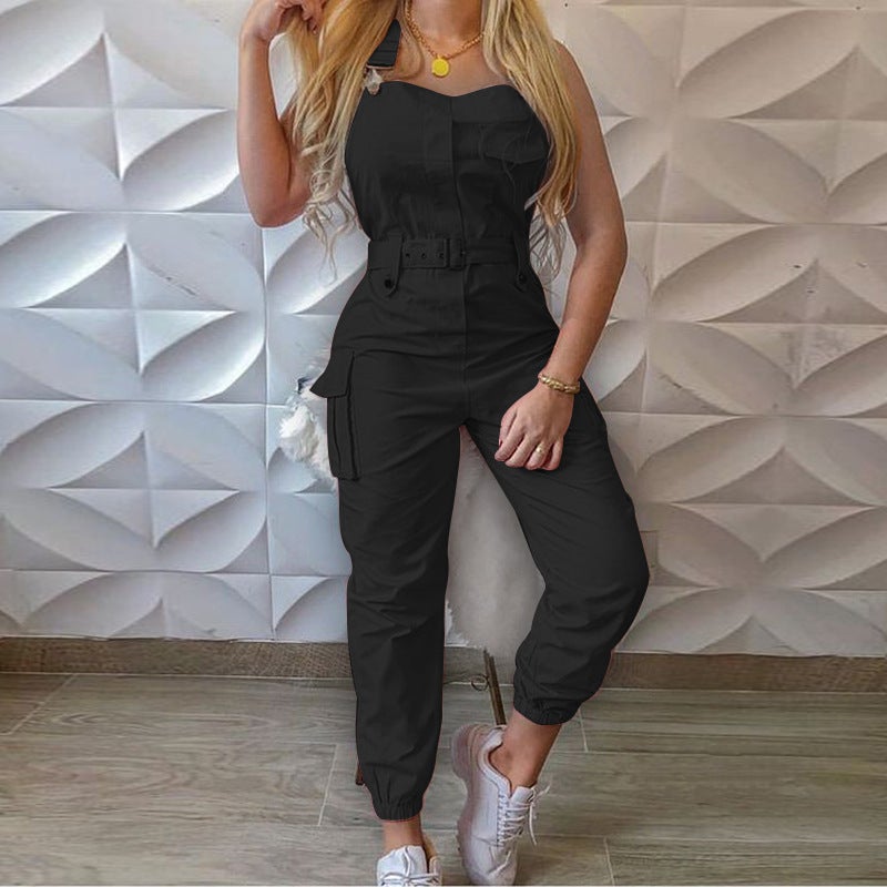 Stylish Womens Denim Jumpsuit with Belt Black - Image 1