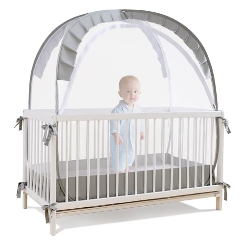 Lazyzzzz Crib Tent Pop Up Mosquito Crib Net with Double Zipper SelfLocked1200 HolesInch Mesh to Keep Baby from Climbing Out Portable Easy Install Mosquito Net 55 L x 27 W x 51 H Grey - Image 1