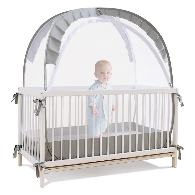 Lazyzzzz Crib Tent Pop Up Mosquito Crib Net with Double Zipper SelfLocked1200 HolesInch Mesh to Keep Baby from Climbing Out Portable Easy Install Mosquito Net 55 L x 27 W x 51 H Grey - Image 2