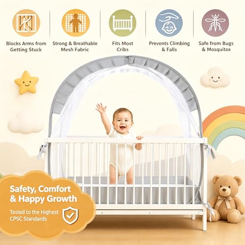 Lazyzzzz Crib Tent Pop Up Mosquito Crib Net with Double Zipper SelfLocked1200 HolesInch Mesh to Keep Baby from Climbing Out Portable Easy Install Mosquito Net 55 L x 27 W x 51 H Grey - Image 3