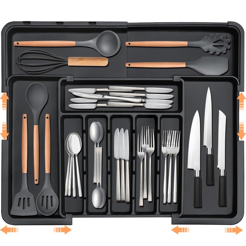 Spaclear Silverware Organizer Expandable Kitchen Utensil Drawer Organizer with 9 Compartment Large Cutlery Organizer Tray for Forks Knives Plastic Black 13" - 22" W,14.5" - 19" L - Image 1