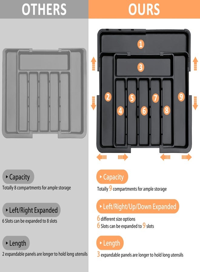 Spaclear Silverware Organizer Expandable Kitchen Utensil Drawer Organizer with 9 Compartment Large Cutlery Organizer Tray for Forks Knives Plastic Black 13" - 22" W,14.5" - 19" L - Image 4