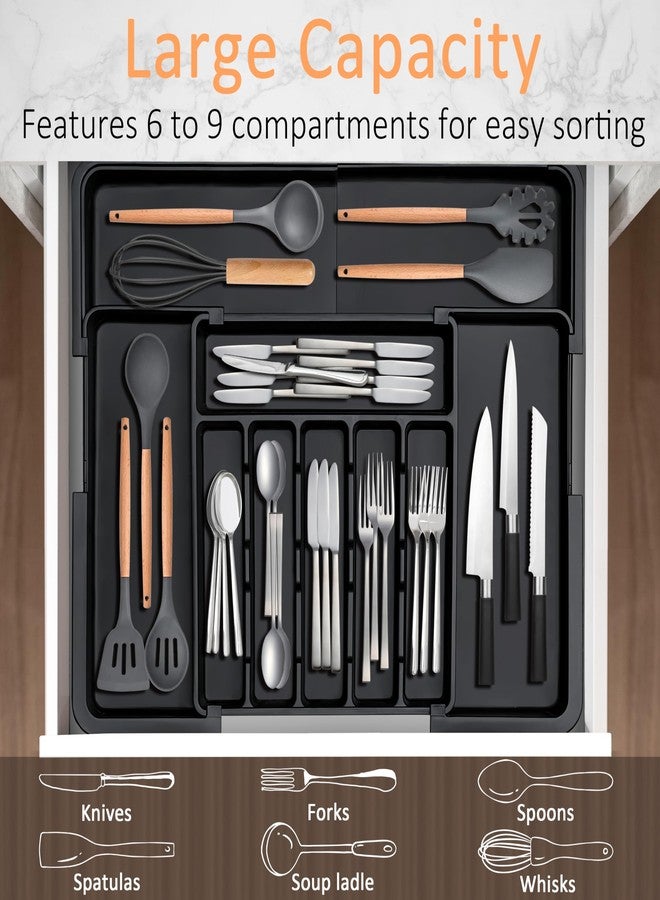 Spaclear Silverware Organizer Expandable Kitchen Utensil Drawer Organizer with 9 Compartment Large Cutlery Organizer Tray for Forks Knives Plastic Black 13" - 22" W,14.5" - 19" L - Image 3