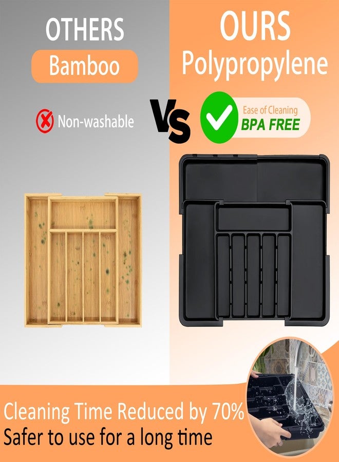 Spaclear Silverware Organizer Expandable Kitchen Utensil Drawer Organizer with 9 Compartment Large Cutlery Organizer Tray for Forks Knives Plastic Black 13" - 22" W,14.5" - 19" L - Image 5