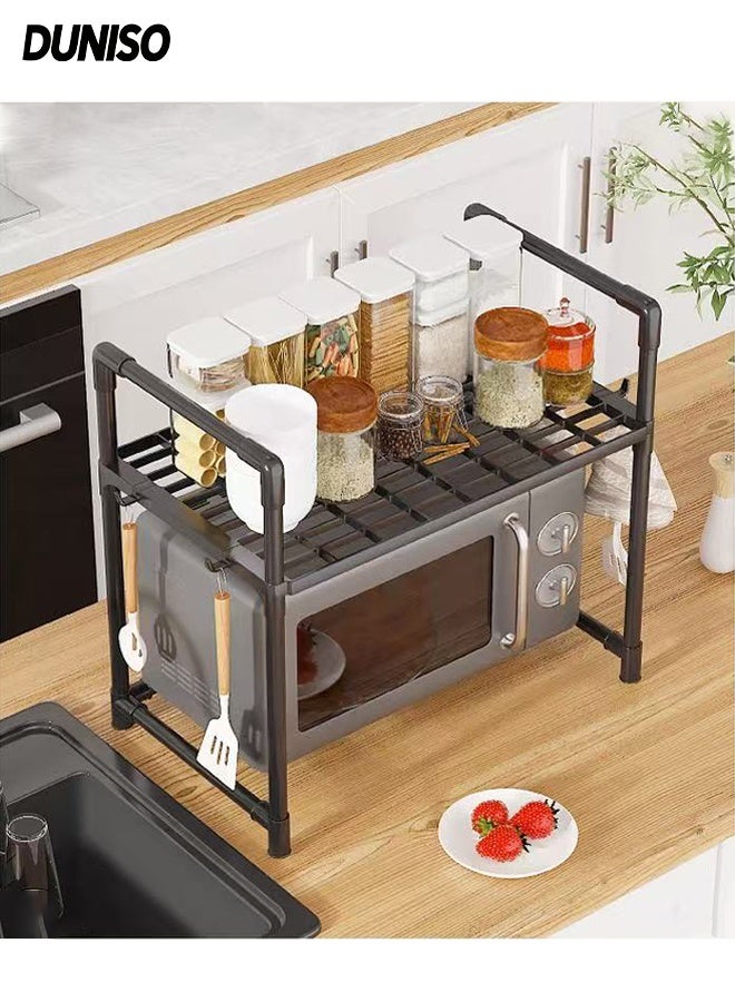 DUNISO 2-Tier Kitchen Storage Rack with Side Hooks , Multifunctional Microwave oven rack,Countertop Rack Organizer with Non-Slip Feet, for Spices, Pots and Pans(Black) - Image 1