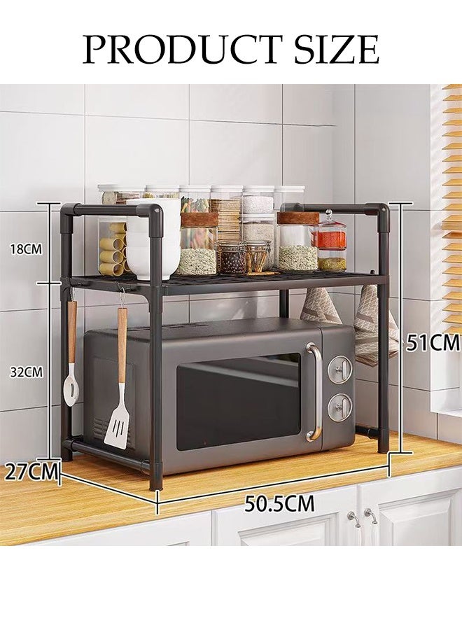 DUNISO 2-Tier Kitchen Storage Rack with Side Hooks , Multifunctional Microwave oven rack,Countertop Rack Organizer with Non-Slip Feet, for Spices, Pots and Pans(Black) - Image 2