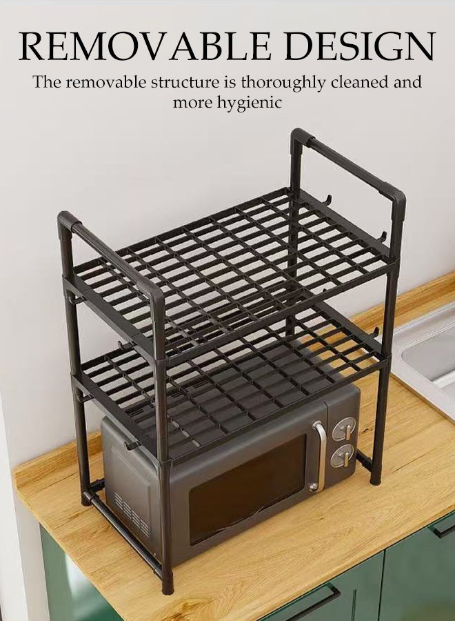 DUNISO 2-Tier Kitchen Storage Rack with Side Hooks , Multifunctional Microwave oven rack,Countertop Rack Organizer with Non-Slip Feet, for Spices, Pots and Pans(Black) - Image 3