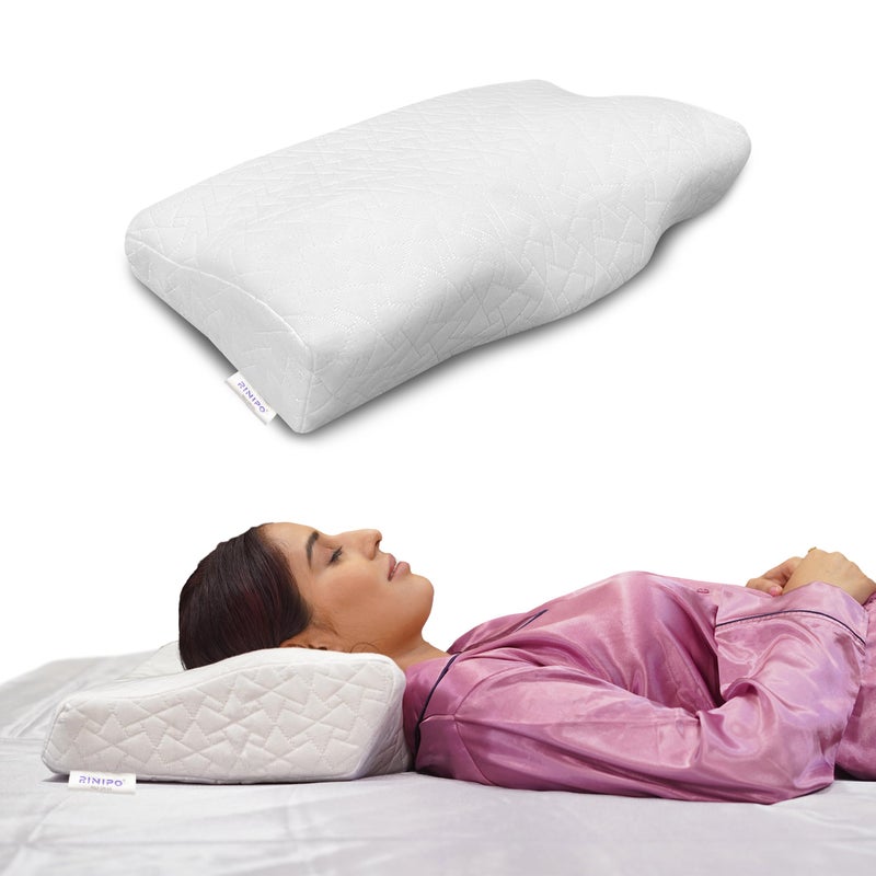 RINIPO Memory Foam Contour Cervical Sleeping Pillow,Neck,Back Pain Relief,Spondylitis,Posture,Spinal Alignment, Neck Support Shape,Orthopedic,Removable Cover,White,20x12x4x2 Inches,Pack of 1 - Image 1