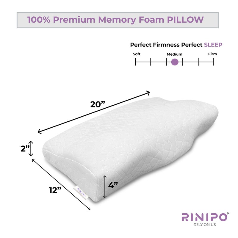 RINIPO Memory Foam Contour Cervical Sleeping Pillow,Neck,Back Pain Relief,Spondylitis,Posture,Spinal Alignment, Neck Support Shape,Orthopedic,Removable Cover,White,20x12x4x2 Inches,Pack of 1 - Image 5