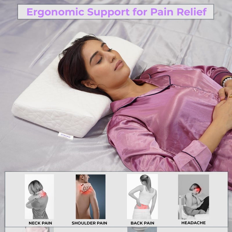 RINIPO Memory Foam Contour Cervical Sleeping Pillow,Neck,Back Pain Relief,Spondylitis,Posture,Spinal Alignment, Neck Support Shape,Orthopedic,Removable Cover,White,20x12x4x2 Inches,Pack of 1 - Image 2