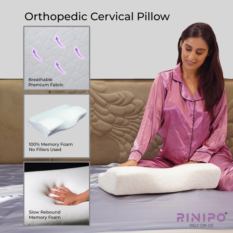 RINIPO Memory Foam Contour Cervical Sleeping Pillow,Neck,Back Pain Relief,Spondylitis,Posture,Spinal Alignment, Neck Support Shape,Orthopedic,Removable Cover,White,20x12x4x2 Inches,Pack of 1 - Image 4