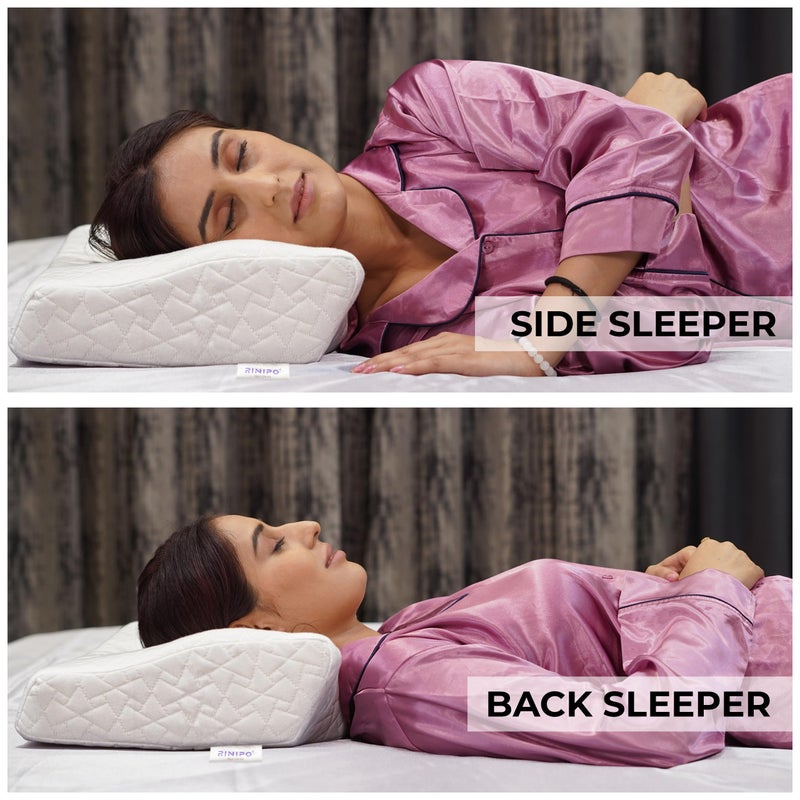 RINIPO Memory Foam Contour Cervical Sleeping Pillow,Neck,Back Pain Relief,Spondylitis,Posture,Spinal Alignment, Neck Support Shape,Orthopedic,Removable Cover,White,20x12x4x2 Inches,Pack of 1 - Image 3