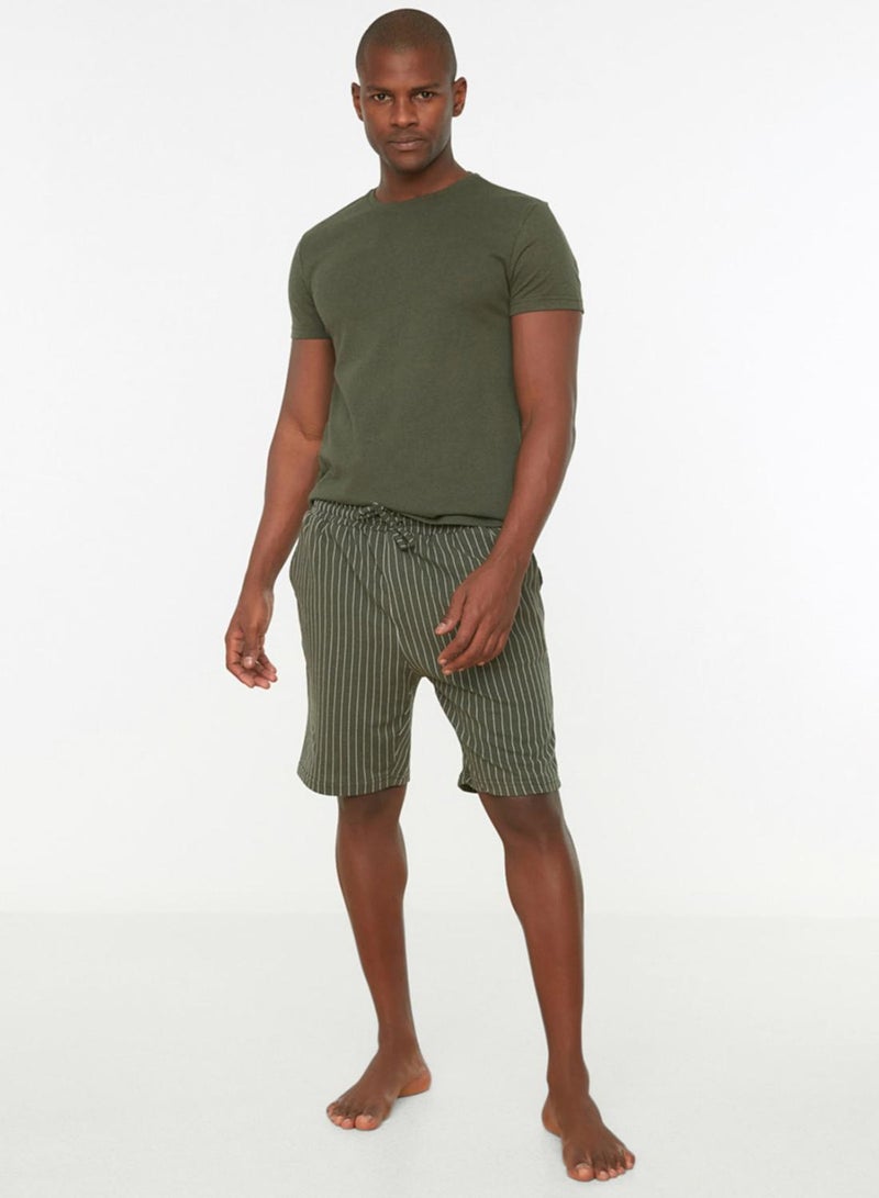 trendyol Khaki Regular Fit Bottom Striped Pajamas Set with Shorts TMNSS22EM0013 - Image 1