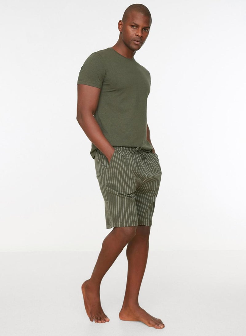 trendyol Khaki Regular Fit Bottom Striped Pajamas Set with Shorts TMNSS22EM0013 - Image 3