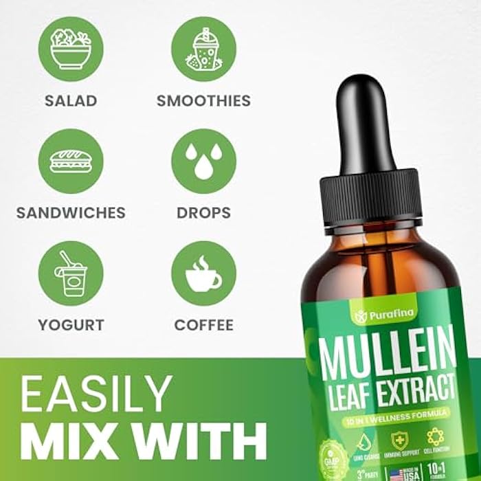Purafina Mullein Drops For Lungs, 10-in-1 Mullein Leaf Extract for Lung Cleanse with Chrolophyll, Sea Moss, Spirulina, Elderberry Organic Respiratory Health Lung Detox - USA Made Mullin Supplement (1 Bottle) - Image 4
