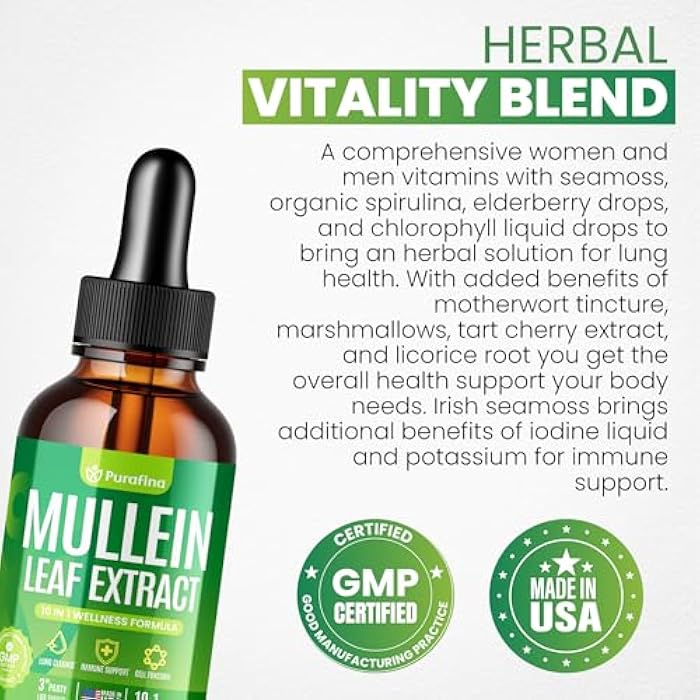 Purafina Mullein Drops For Lungs, 10-in-1 Mullein Leaf Extract for Lung Cleanse with Chrolophyll, Sea Moss, Spirulina, Elderberry Organic Respiratory Health Lung Detox - USA Made Mullin Supplement (1 Bottle) - Image 5