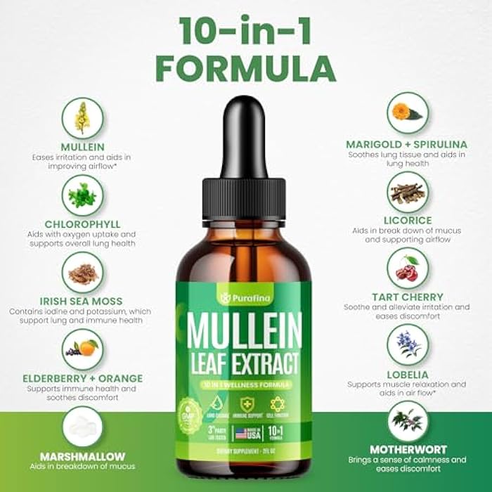 Purafina Mullein Drops For Lungs, 10-in-1 Mullein Leaf Extract for Lung Cleanse with Chrolophyll, Sea Moss, Spirulina, Elderberry Organic Respiratory Health Lung Detox - USA Made Mullin Supplement (1 Bottle) - Image 2