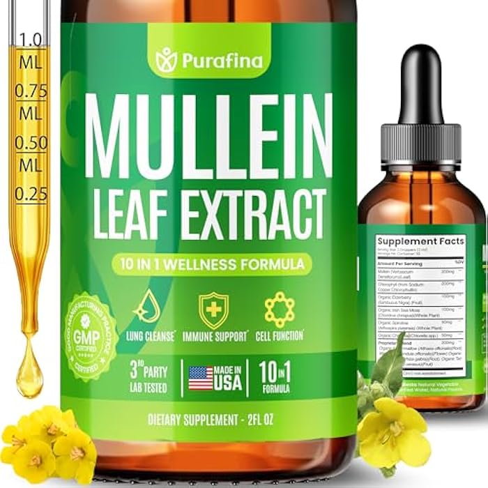 Purafina Mullein Drops For Lungs, 10-in-1 Mullein Leaf Extract for Lung Cleanse with Chrolophyll, Sea Moss, Spirulina, Elderberry Organic Respiratory Health Lung Detox - USA Made Mullin Supplement (1 Bottle) - Image 1