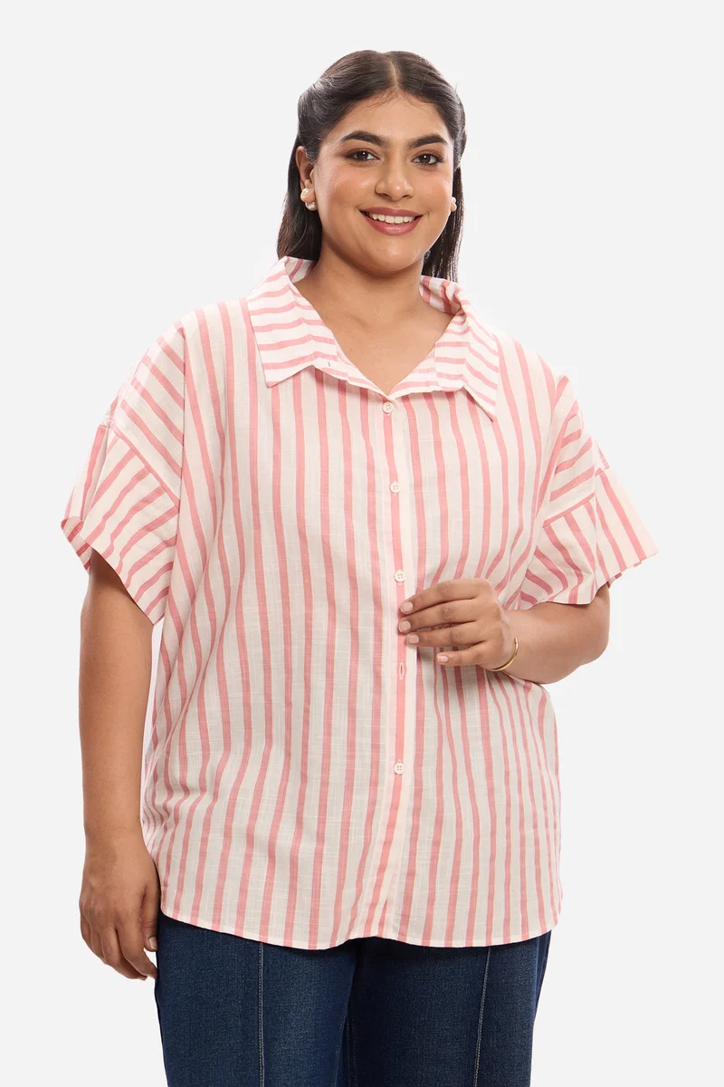 Virgio Stripes Cotton Plus Size Shirt With Collar Detail for Women